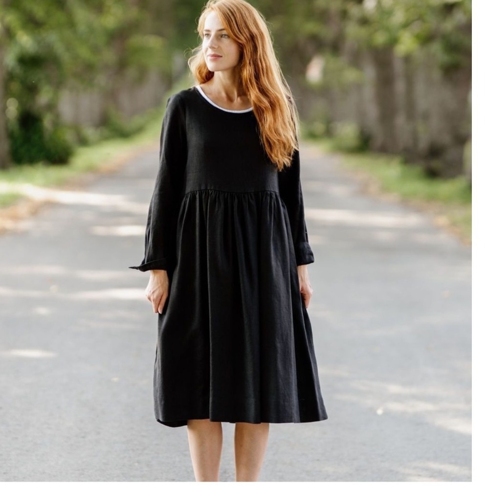 Son de Flor Black Linen Dress XS Long Sleeve‎ Cottagecore Minimalist Pockets